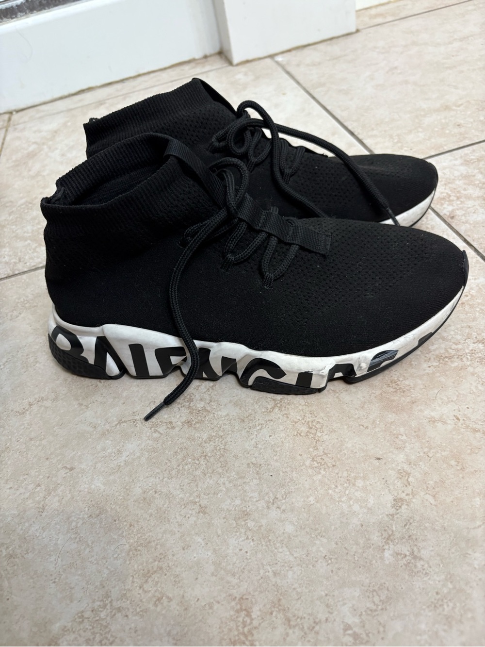 Balenciaga Black Knit High-Top Sock Sneakers with White Graphic Sole